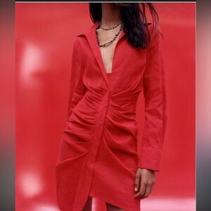 Zara Red Ruched Shirt Dress